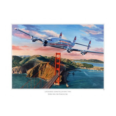 Litho Lockeed Constellation TWA au dessus du Golden Gate