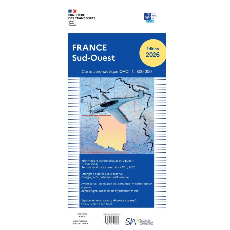 Carte aeronautique oaci SIA France SUD OUEST 2026 au 1/500 000