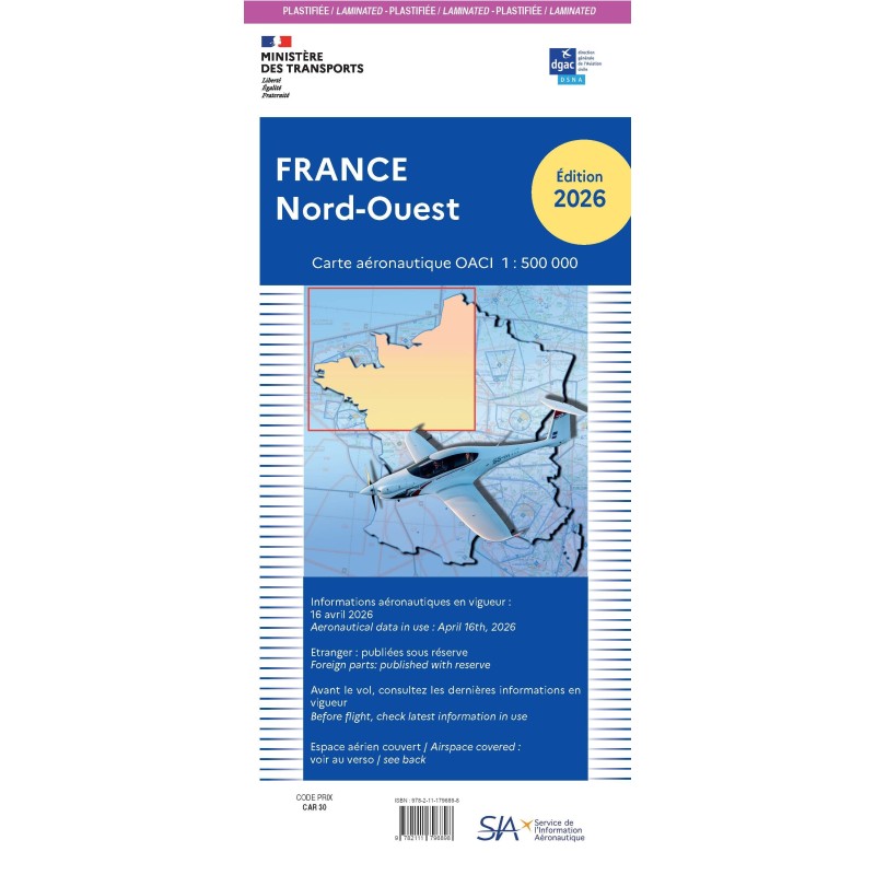 Carte aeronautique oaci SIA France NORD OUEST 2026 plastifiée au 1/500 000