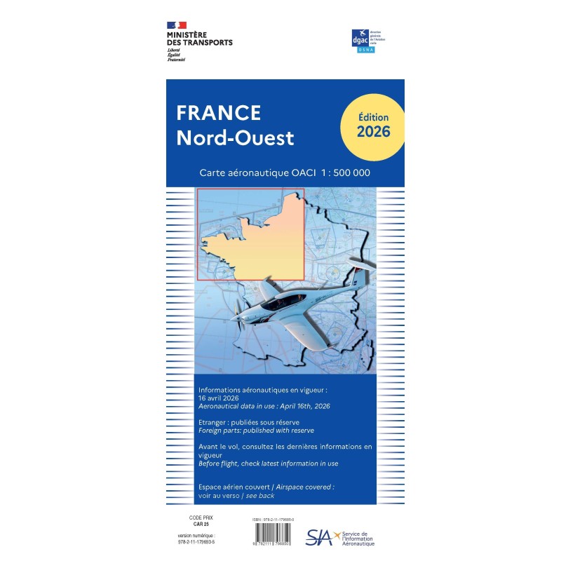 Carte aeronautique oaci SIA France NORD OUEST 2026 au 1/500 000