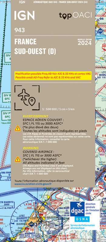 Carte aeronautique oaci IGN France SUD OUEST 2023