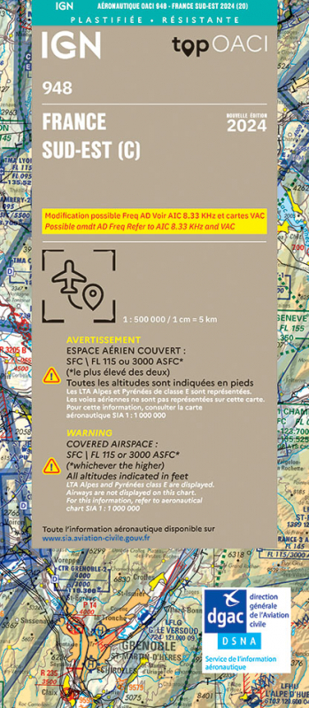 carte aeronautique oaci IGN France SUD EST 2022 plastifiée